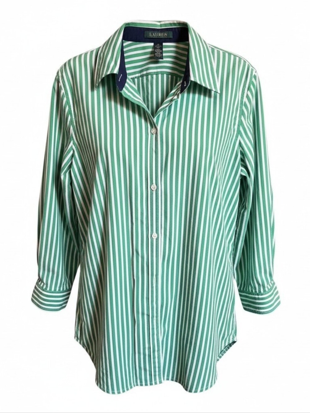 Lauren Ralph Lauren Green & White Striped Button-Down Shirt with Navy Trim